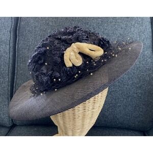 Vintage woman's ladies hat Cherry Webb navy w/white velvet bow netting 50s 60s